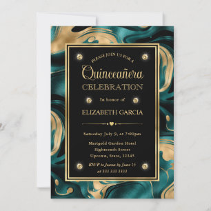 Convites Elegante Quinceanera de Brilho Dourado e Azul Teal