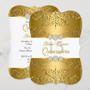 Convites Elegante Quinceanera de Ouro Branco com Diamante G