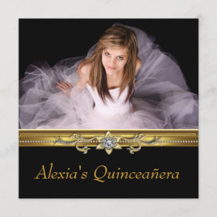 Convites Elegante Quinceanera de Preto e Dourado em Foto