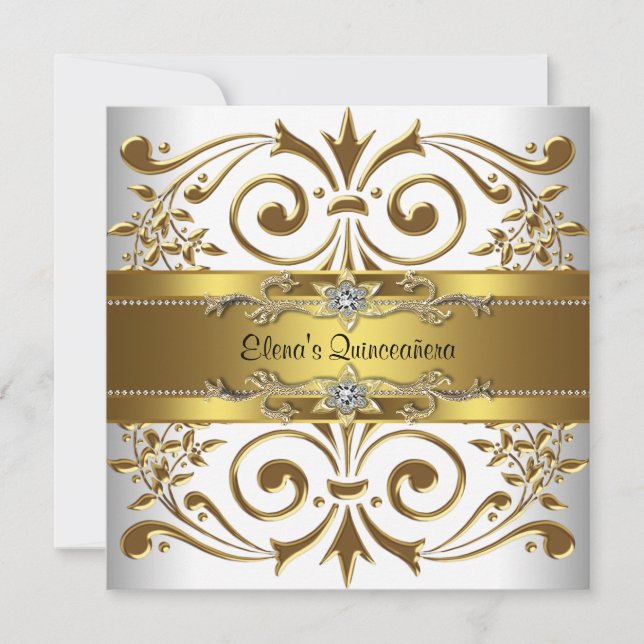 Convites Elegante Quinceanera Dourado Branco (Frente)