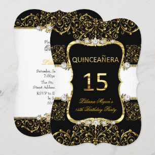 Convites Elegante Quinceanera Dourado Preto Branco Glamour