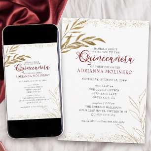 Convites Elegante Quinceanera e Missal Vermelho e Folha de