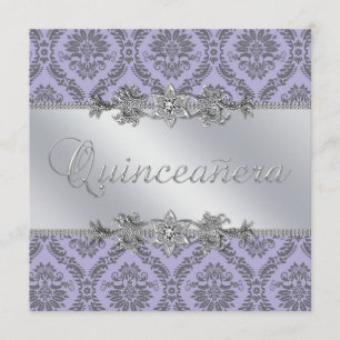 Convites Elegante Quinceanera em Cinza e Roxo Damask