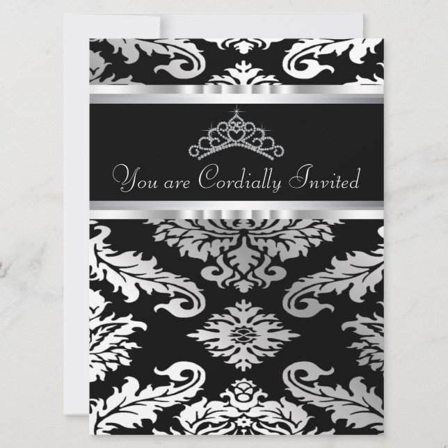 Convites Elegante Quinceanera em Damasco Preto (Frente)