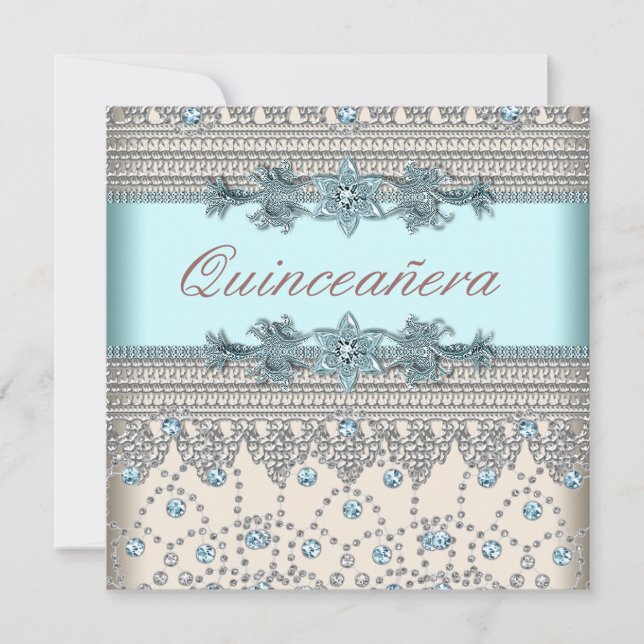 Convites Elegante Quinceanera em Marfim e Azul Turquesa (Frente)