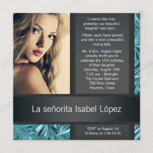 Convites Elegante Quinceanera em Preto e Azul Turquesa com 