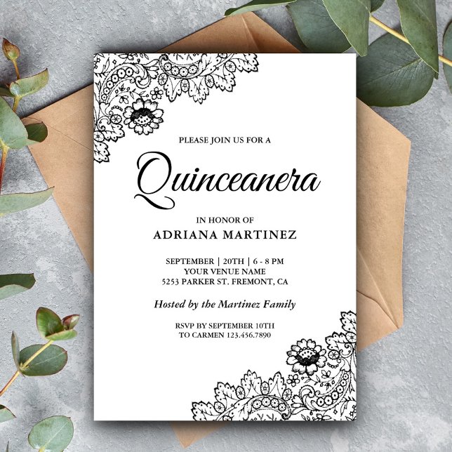 Convites Elegante Quinceanera em Preto e Branco com Renda (Criador carregado)
