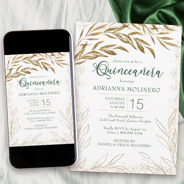 Convites Elegante Quinceanera Emerald Green e Folhas Dourad (decorated on both sides and available professionally printed or as a printable download)
