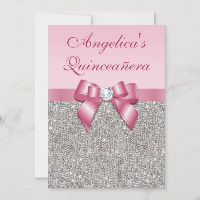 Convites Elegante Quinceañera Faux Sequins Silver Arco Rosa (Frente)