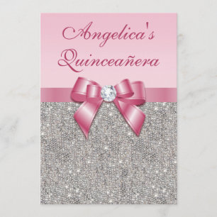 Convites Elegante Quinceañera Faux Sequins Silver Arco Rosa