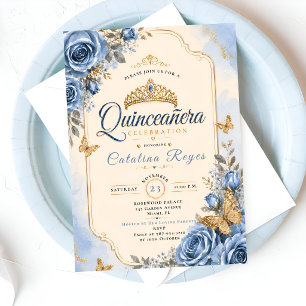 Convites Elegante Quinceañera Floral Azul