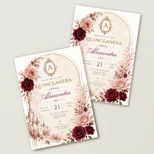 Convites Elegante Quinceañera Floral Borgonha Rosado