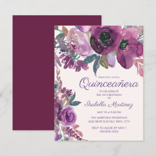 Convites Elegante Quinceañera Floral de Aquarela Roxa 15º