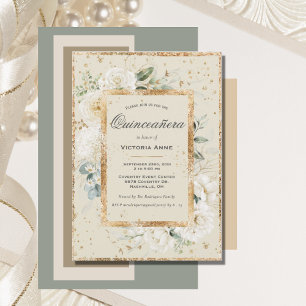 Convites Elegante Quinceañera Floral Dourada Moderna