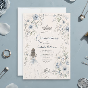 Convites Elegante Quinceañera Floral Princesa Azul
