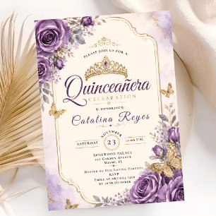 Convites Elegante Quinceañera Floral Roxa