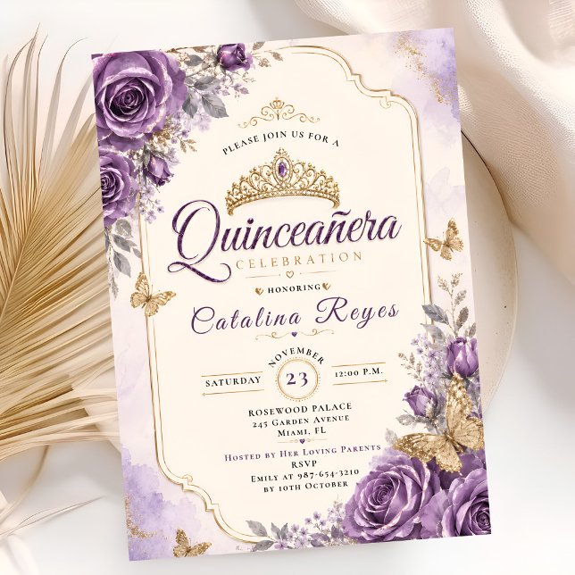 Convites Elegante Quinceañera Floral Roxa (Criador carregado)