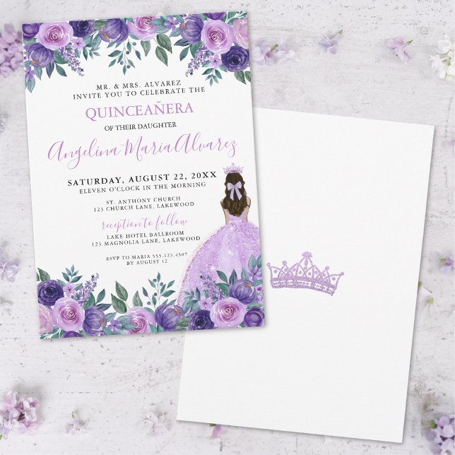 Convites Elegante Quinceanera Floral Roxo Chic (Quinceañera Elegant Purple Flowers Invitation)