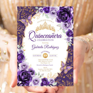 Convites Elegante Quinceanera Floral Roxo Dourado Chic
