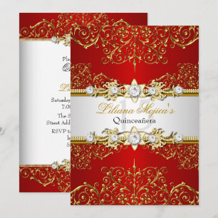 Convites Elegante Quinceanera Glamourosa Dourada Vermelha V