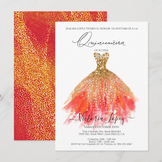 Convites Elegante Quinceañera Glitter Sparkle Espanha (Frente/Verso)