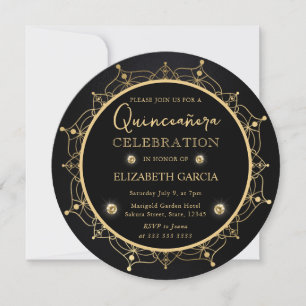 Convites Elegante Quinceanera Mandala Preto e Dourado