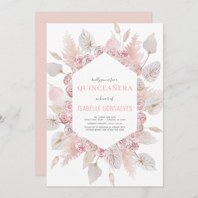 Convites Elegante QUINCEAÑERA Moderno Boho Watercolor Blush (Frente/Verso)