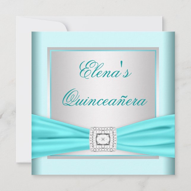 Convites Elegante Quinceanera Prata e Azul Turquesa (Frente)