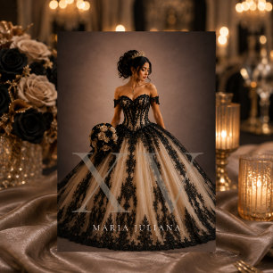 Convites Elegante Quinceañera Preto Champagne Dourado