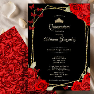 Convites Elegante Quinceanera Preto Dourado e Rosas Vermelh