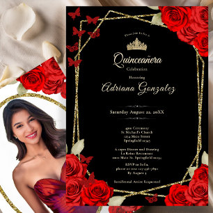 Convites Elegante Quinceanera Preto Dourado e Rosas Vermelh