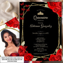 Elegante Quinceanera Preto Dourado e Rosas Vermelh