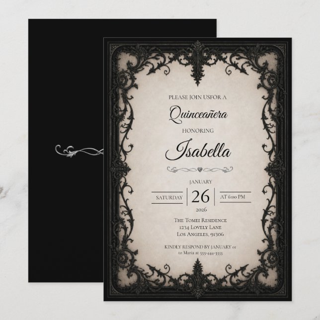 Convites Elegante Quinceañera Preto e Branco (Frente/Verso)