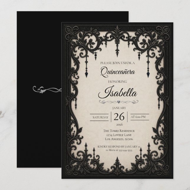 Convites Elegante Quinceañera Preto e Branco (Frente/Verso)