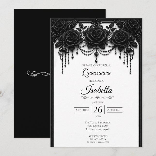 Convites Elegante Quinceañera Preto e Branco (Frente/Verso)