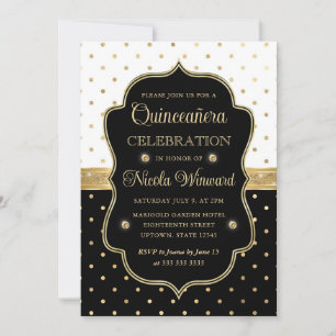 Convites Elegante Quinceanera Preto e Branco com Bolinhas