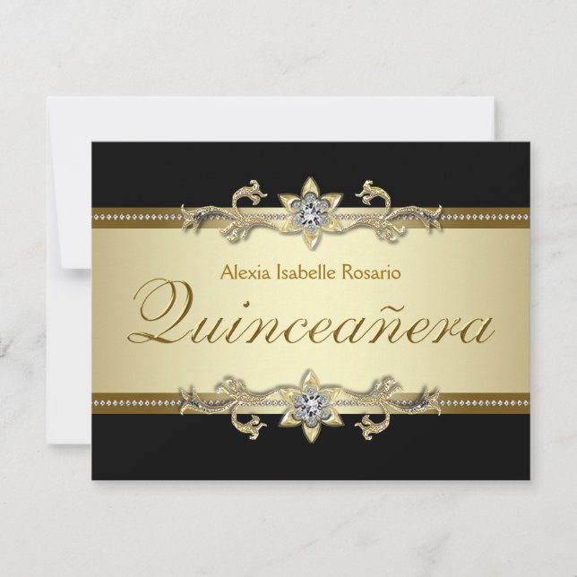 Convites Elegante Quinceanera Preto e Dourado (Frente)