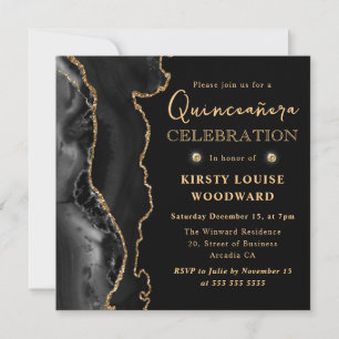 Convites Elegante Quinceanera Preto e Dourado com Brilho de