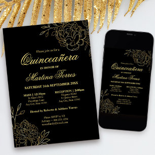 Convites Elegante Quinceanera Preto e Dourado Esboço Floral