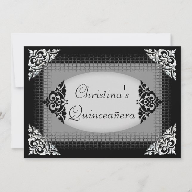Convites Elegante Quinceañera Preto e Prata (Frente)