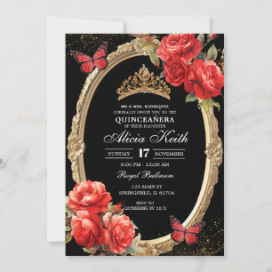 Convites Elegante Quinceanera Preto e Vermelho Rosas Dourad