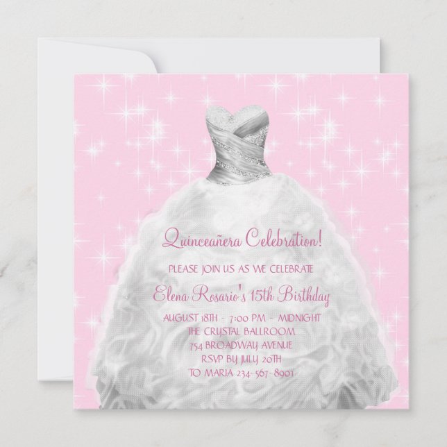 Convites Elegante Quinceanera Princesa Rosa (Frente)