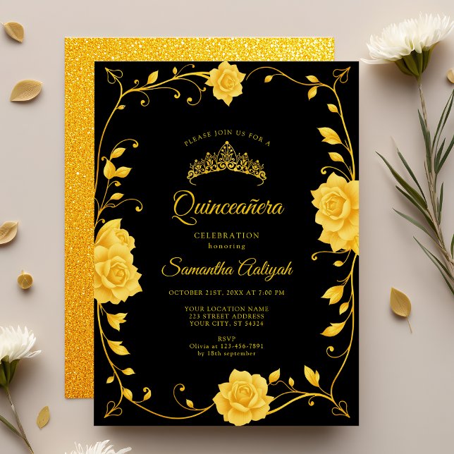 Convites Elegante Quinceañera Real Dourada Floral (Criador carregado)