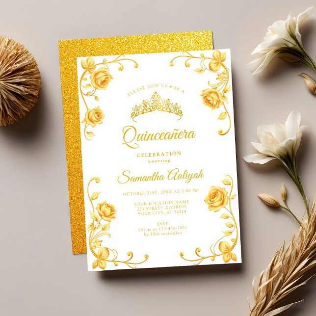 Convites Elegante Quinceañera Real Dourada Floral (Criador carregado)