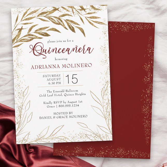 Convites Elegante Quinceanera Red e Folhas Douradas (Modern Quinceanera invitation in white, red and gold from my Gold Leaf Collection
)