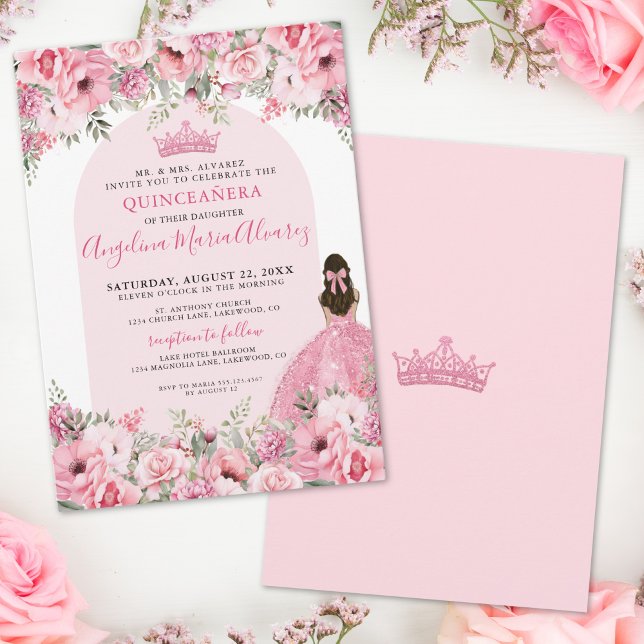 Convites Elegante Quinceanera Rosa (Elegant Floral Rose Pink Quinceanera Invitation)
