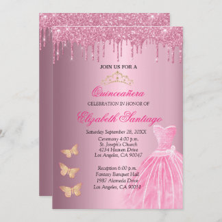 Convites Elegante Quinceañera Rosa e Glitter Dourado