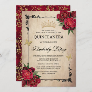 Convites Elegante Quinceanera Rosa vermelha Gold Foil Convi