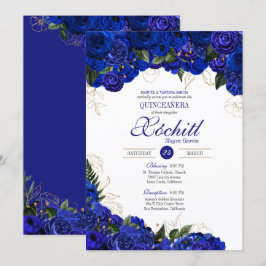 Convites Elegante Quinceanera - Rosas Dourados azuis reais