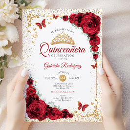 Convites Elegante Quinceanera Rosas vermelhas Douradas